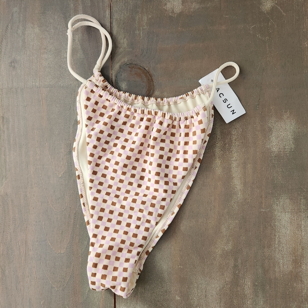 NWT PacSun Brown and Pink Checkered Print Bikini Bottom – Size Large